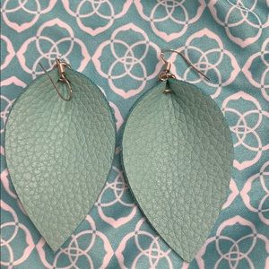 Handmade Teal leather leaf earrings.